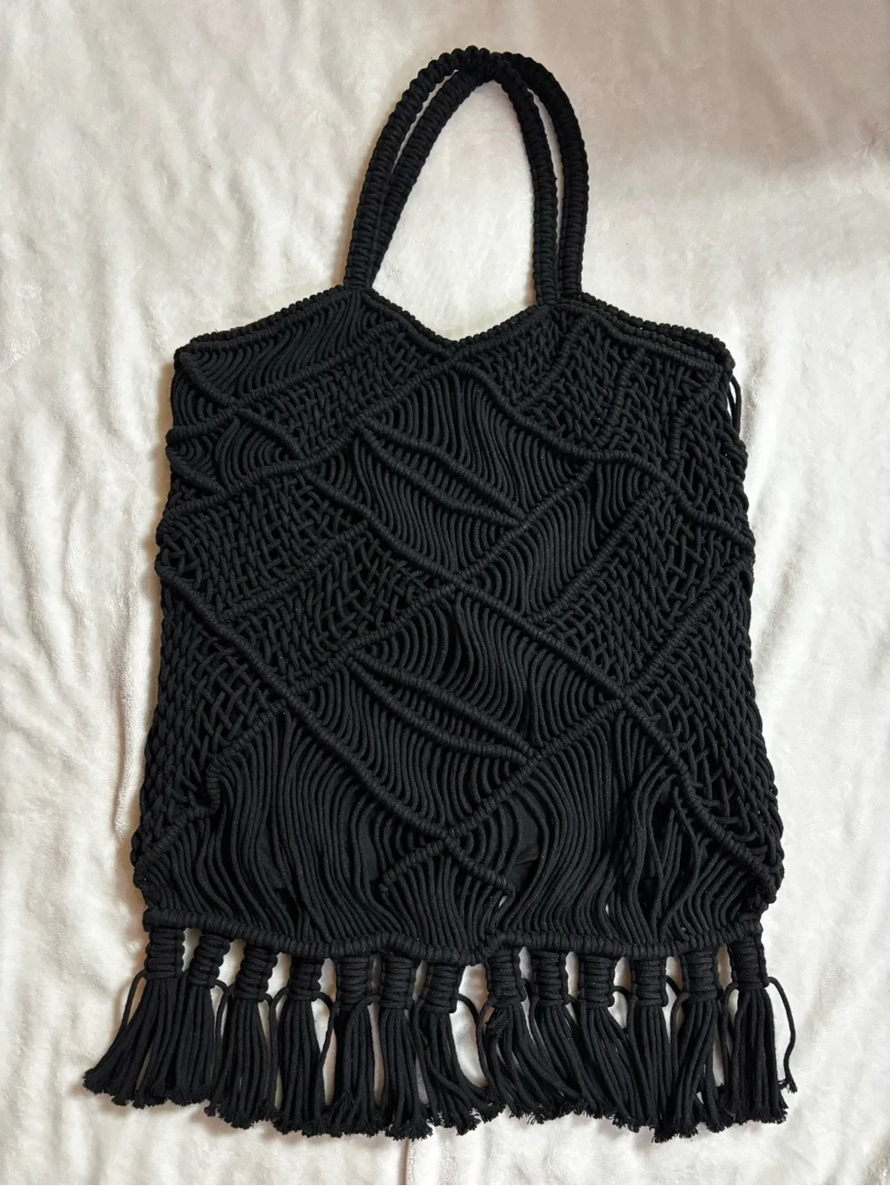 Black Macramé Fringe Shoulder Bag